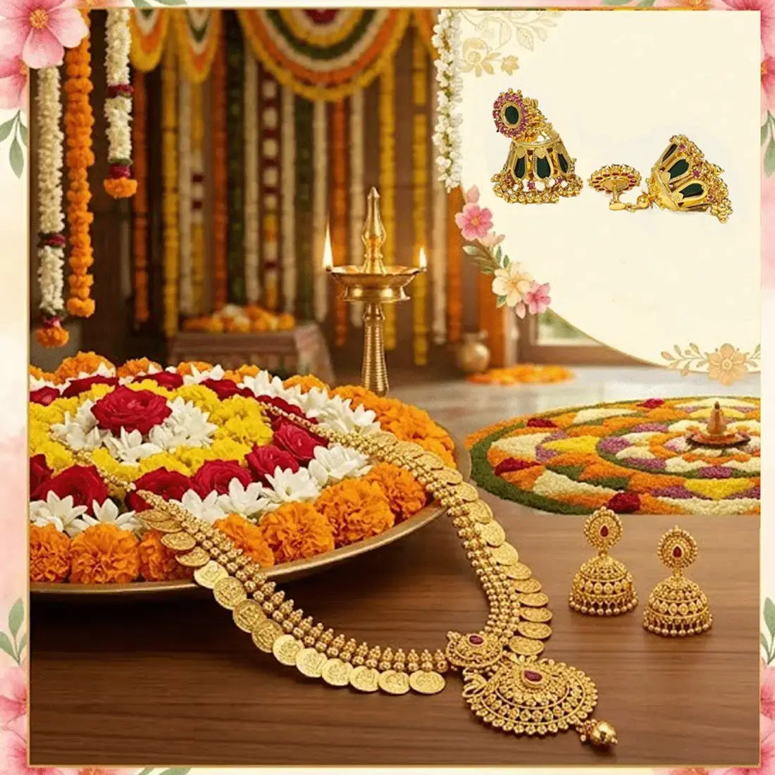 Onam Special Kerala Traditional Jewellery Collection featuring gold necklace and traditional earrings with floral decorations.