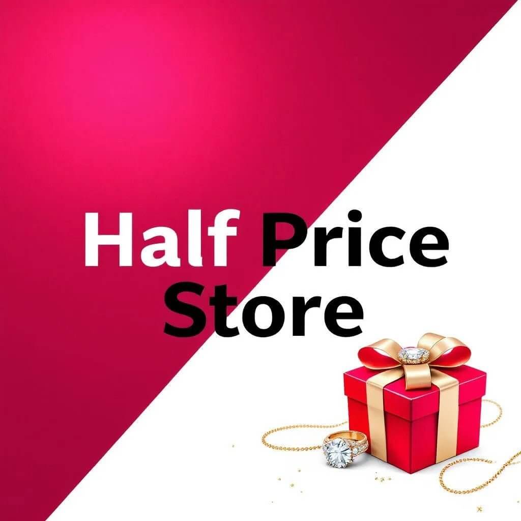 Eye-catching graphic featuring a gift box and text reading Half Price Store against a vibrant pink background.