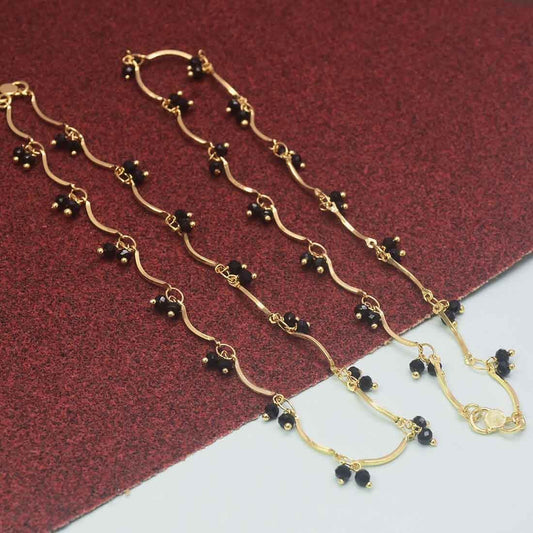 Gold Plated Twin Black Crystal Hanging Anklets