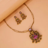 Pink Stone Antique Lakshmi Pendant Necklace Set featuring intricate design and gungroo danglers.