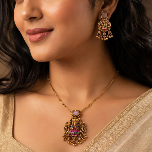 Pink Stone Antique Lakshmi Pendant Necklace Set