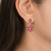 Charming Gold-Plated Ruby Floral Drop Earrings