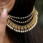 Antique 3-Layer Pearl Peacock Ruby Emerald Stones Ear Chain