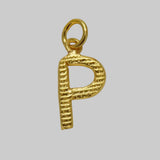 Gold letter 'P' pendant on a white background