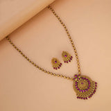 Antique Gold Plated Ball Chain Kemp Pendant Set - Ruby red