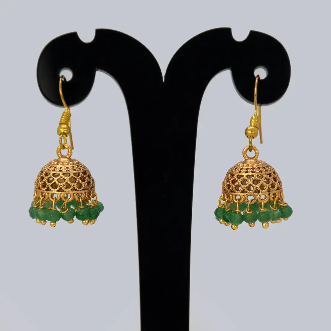 Antique Gold Plated Crystal Hanging Jhumka Earrings - Green