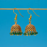 Antique Gold Plated Crystal Hanging Jhumka Earrings - Green
