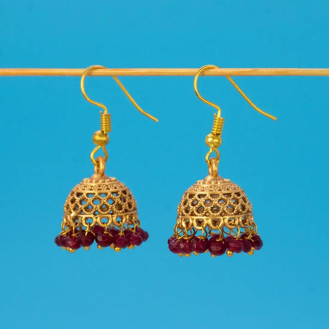 Antique Gold Plated Crystal Hanging Jhumka Earrings - Ruby Red