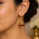 Antique Gold Plated Crystal Hanging Jhumka Earrings - Ruby Red