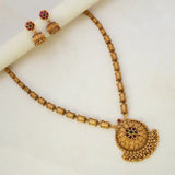Antique Temple Floral Kemp Stone Long Chain Set featuring a large Kemp pendant and ornate jhumka earrings.