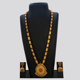 Antique Temple Floral Kemp Stone Long Chain Set displayed with jhumka earrings, showcasing intricate design and vibrant stones.