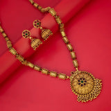 Antique Temple Floral Kemp Stone Long Chain Set with jhumka earrings on a red background.
