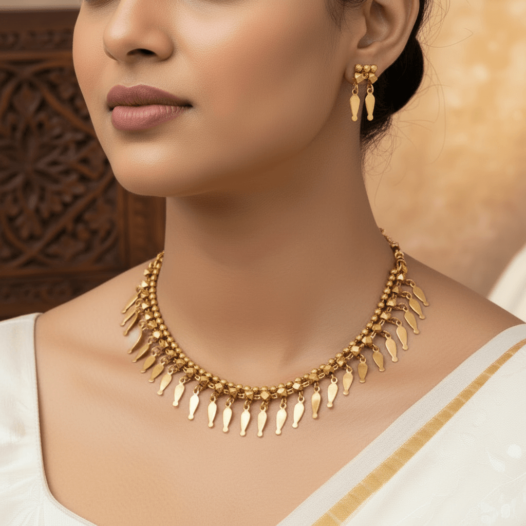 Antique Elakkathali Necklace with Earrings displayed by a model, featuring golden leaf-shaped charms and matching earrings.