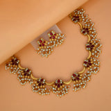 Antique Finish Artificial Pink Stones Pearl Lotus Necklace Set