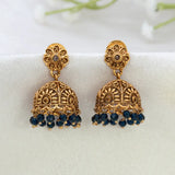 Antique Floral Crystal Hanging Jhumka Earrings with intricate gold design and blue crystal beads.
