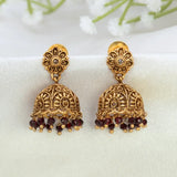 Antique Floral Crystal Hanging Jhumka Earrings with gold detailing and colorful bead hangings.