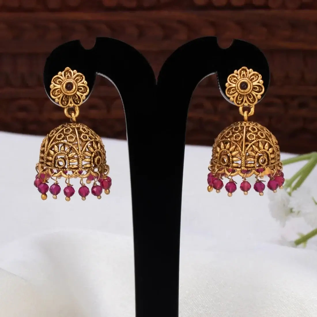 Antique Floral Crystal Hanging Jhumka Earrings with intricate design and vibrant beads.