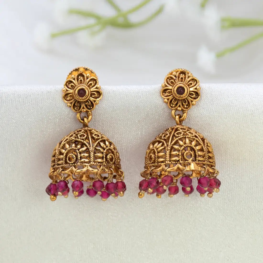 Antique Floral Crystal Hanging Jhumka Earrings with intricate design and colorful beads.