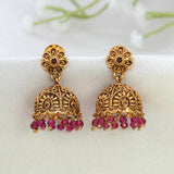 Antique Floral Crystal Hanging Jhumka Earrings with intricate design and colorful beads.