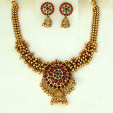 Antique Gold Plated Kemp Stone Beaded Necklace Set - Gold