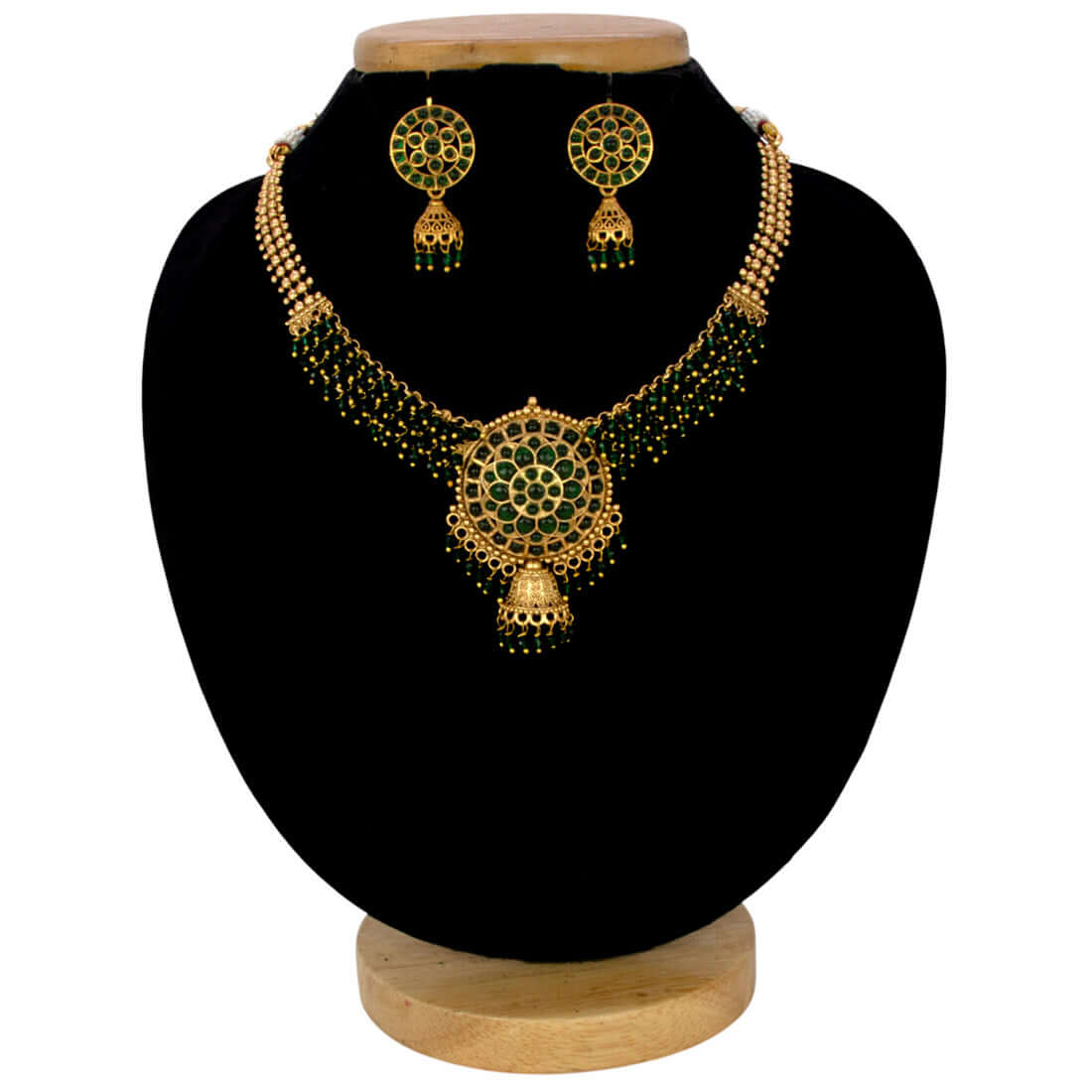 Antique Gold Plated Kemp Stone Beaded Necklace Set - green