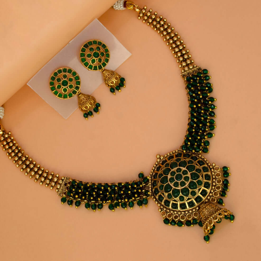 Antique Gold Plated Kemp Stone Beaded Necklace Set - green