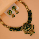 Antique Gold Plated Kemp Stone Beaded Necklace Set - green