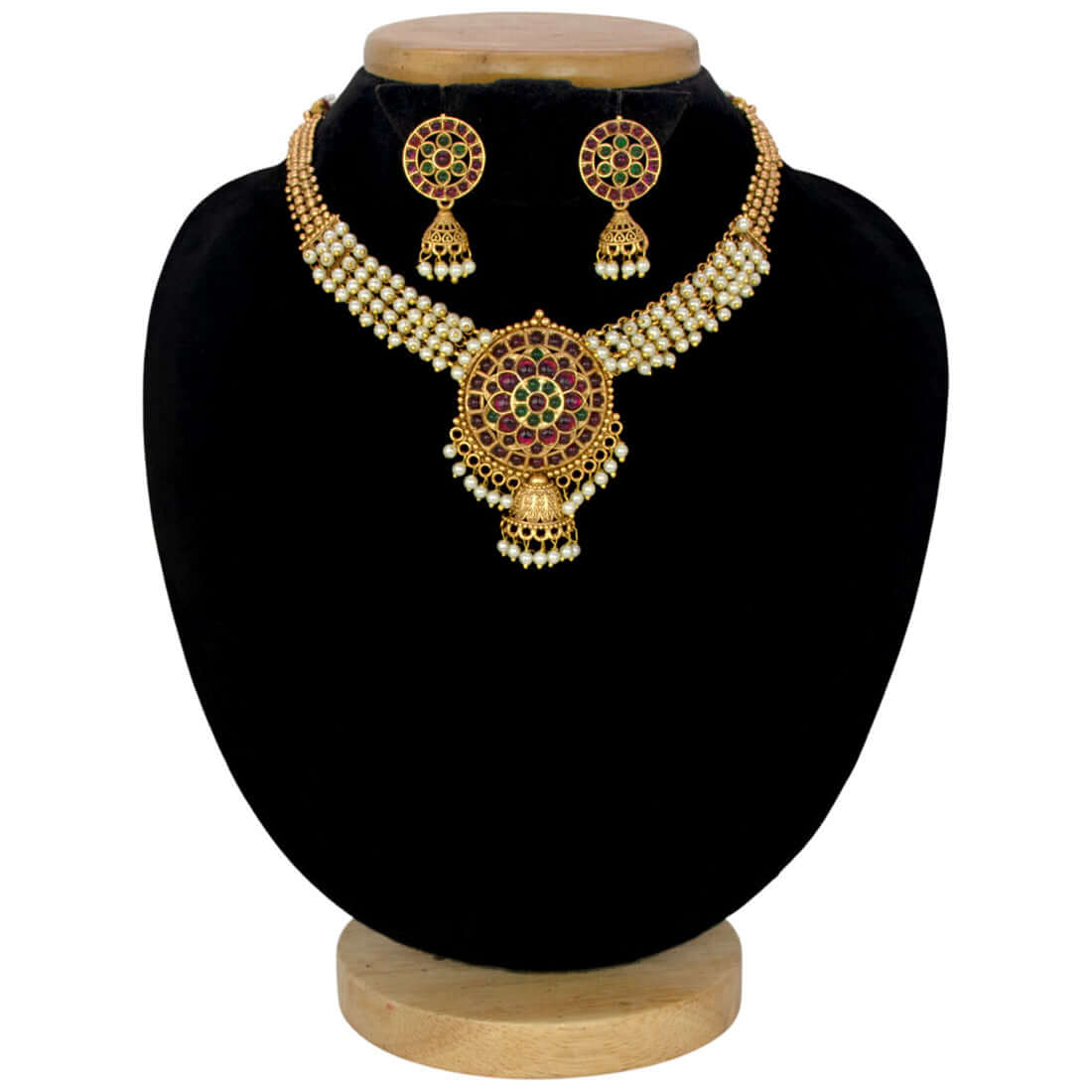 Antique Gold Plated Kemp Stone Beaded Necklace Set - Pearl White