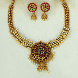 Antique Gold Plated Kemp Stone Beaded Necklace Set - Pearl White