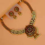 Antique Gold Plated Kemp Stone Beaded Necklace Set - Pearl White