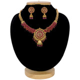 Antique Gold Plated Kemp Stone Beaded Necklace Set - Dark Red