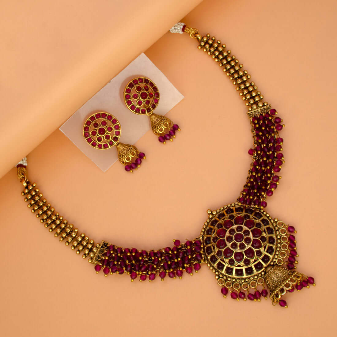 Antique Gold Plated Kemp Stone Beaded Necklace Set - Dark Red
