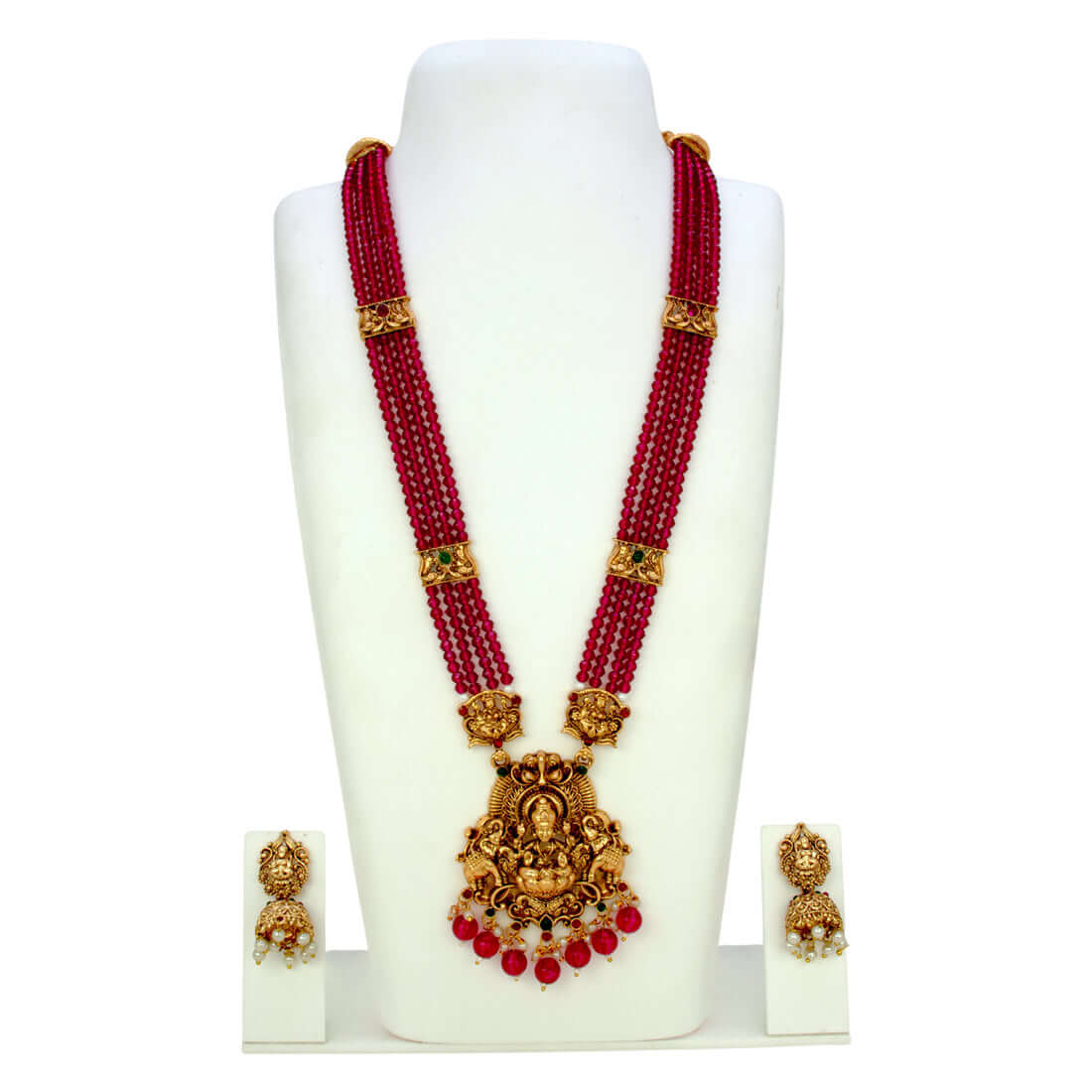 Antique Gold Lakshmi Pendant Beaded Long Necklace Set with red beads and matching jhumka earrings