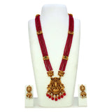 Antique Gold Lakshmi Pendant Beaded Long Necklace Set with red beads and matching jhumka earrings