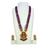 Antique Gold Lakshmi Pendant Beaded Long Necklace Set showcasing purple beads and matching jhumka earrings