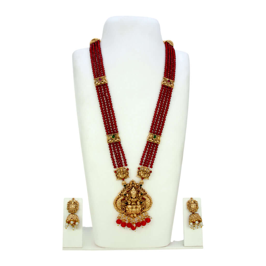 Antique Gold Lakshmi Pendant Beaded Long Necklace Set with red beads and matching jhumka earrings.