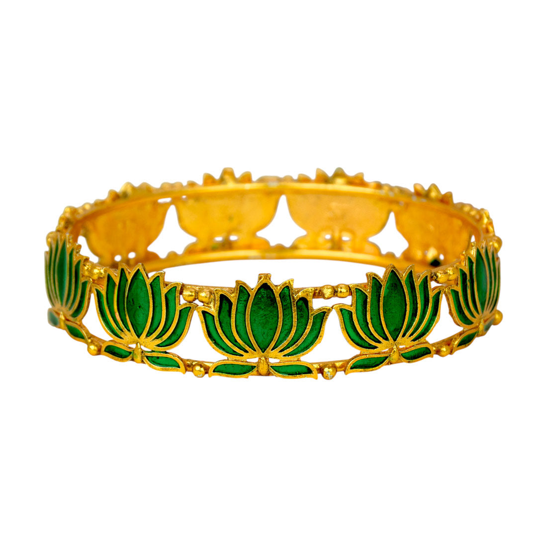 Matte Gold Plated Lotus Enamel Bangle with intricate green lotus motifs and rich detailing.