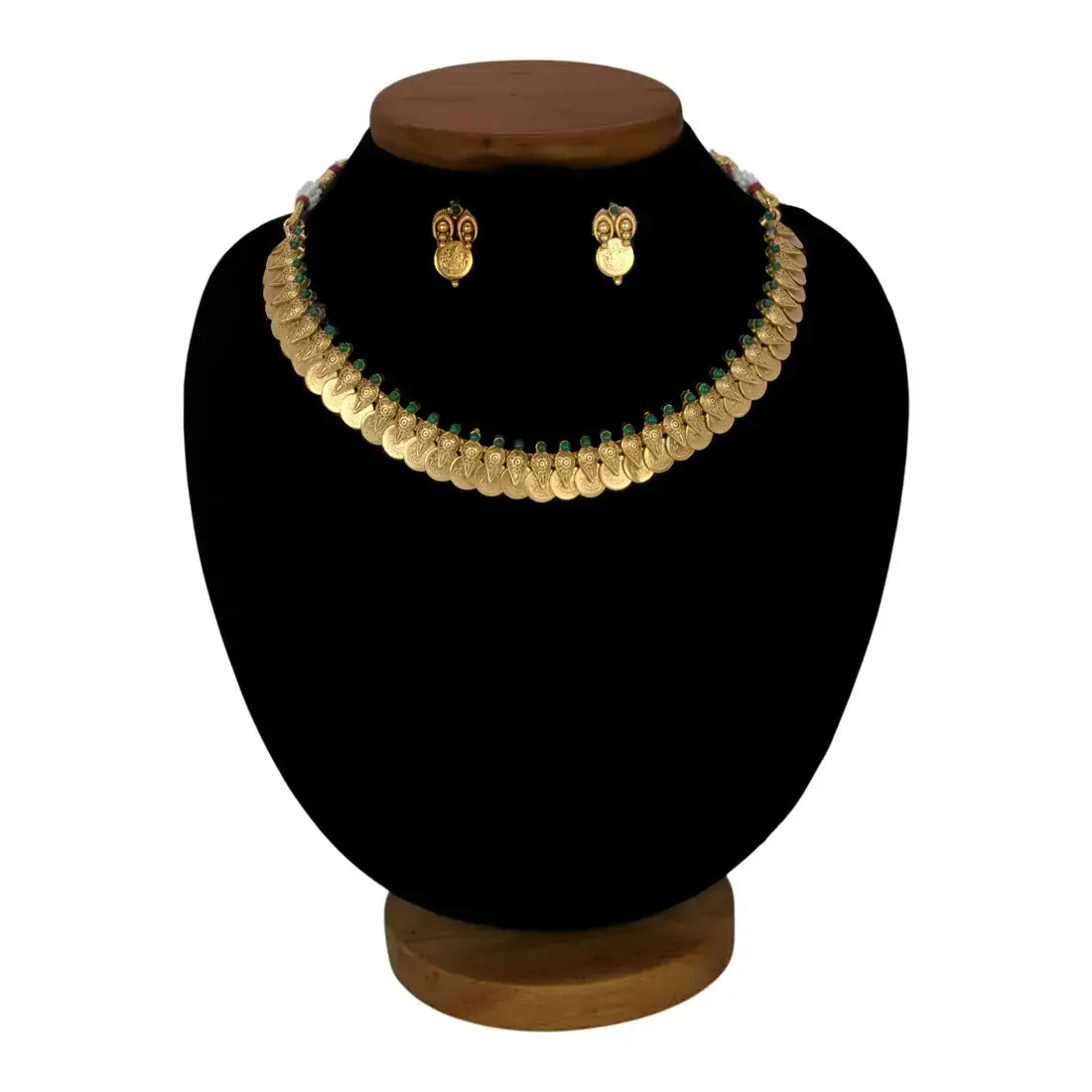 Antique Gold Plated Green Stone Lakshmi Coin Necklace Set displayed on a bust with matching earrings.