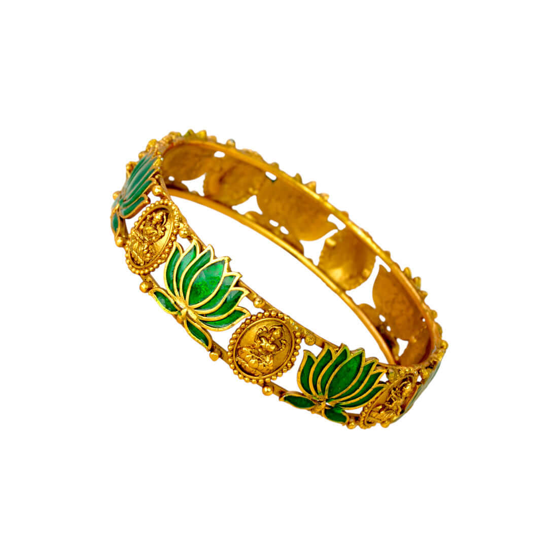 Ethnic Antique Gold Plated Lakshmi Lotus Bangle - Green