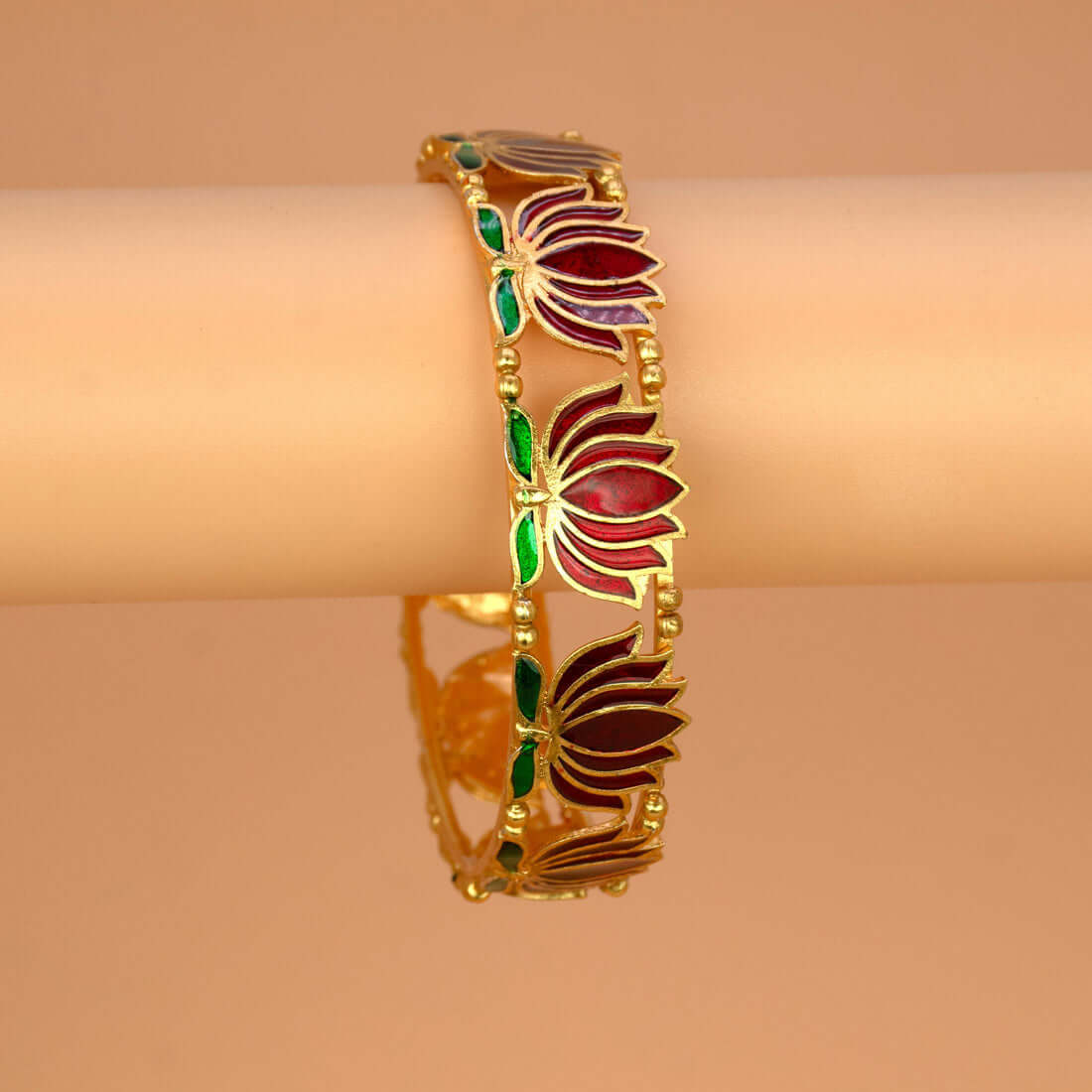 Matte Gold Plated Lotus Enamel Bangle with intricate lotus motifs and rich enamel detailing.