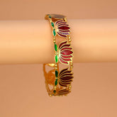 Matte Gold Plated Lotus Enamel Bangle with intricate lotus motifs and rich enamel detailing.