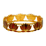 Matte Gold Plated Lotus Enamel Bangle with intricate dark red lotus motifs and rich enamel detailing.