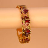 Matte Gold Plated Lotus Enamel Bangle showcasing intricate lotus motifs and rich enamel in dark red.