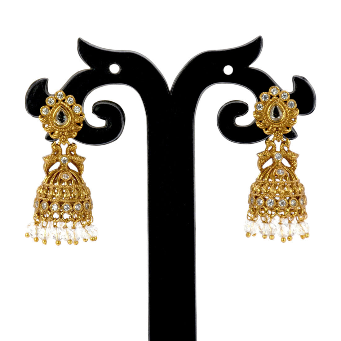 Small Antique Gold Plated Twin Peacock Stone Jhumkas on display with intricate design and dangling beads.
