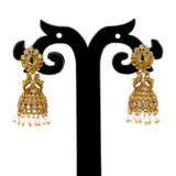 Small Antique Gold Plated Twin Peacock Stone Jhumkas on display with intricate design and dangling beads.