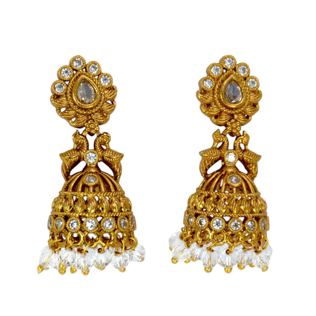 Small Antique Gold Plated Twin Peacock Stone Jhumkas featuring intricate design and dangling beads.