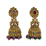 Small Antique Gold Plated Twin Peacock Stone Jhumkas with intricate design and colorful stones.