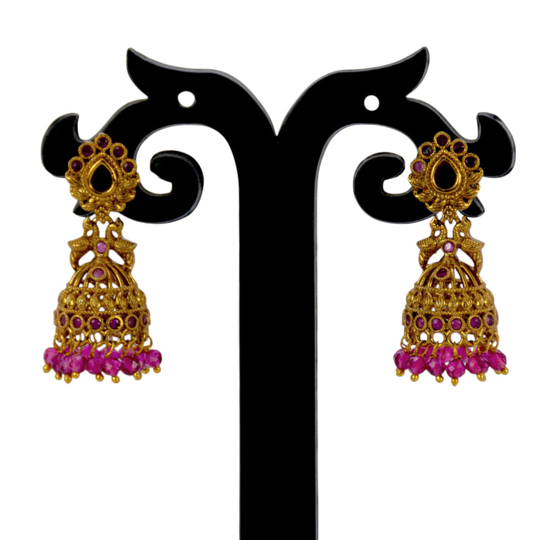 Small Antique Gold Plated Twin Peacock Stone Jhumkas featuring intricate design and vibrant beads.