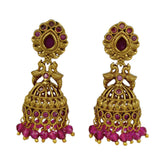 Small Antique Gold Plated Twin Peacock Stone Jhumkas with intricate design and pink stones.
