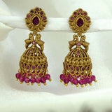 Small Antique Gold Plated Twin Peacock Stone Jhumkas featuring intricate design and colorful beads.